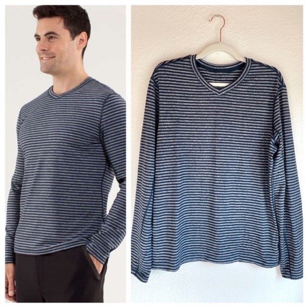 Lululemon Mens Speed Long Sleeve Classic Stripe in Heathered Black/Iris Blue M/L